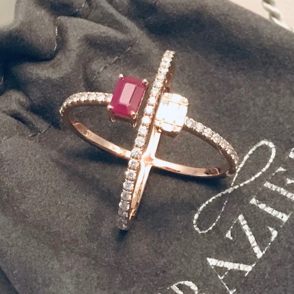 14K Rose Gold Genuine Diamond & Ruby X Ring - Picture 7 of 13